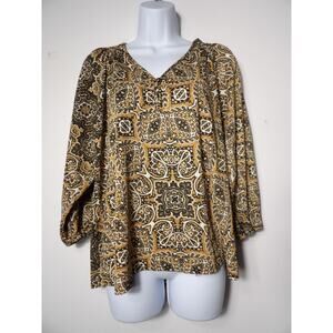 Melloday Top Blouse Shirt XL Boho Cropped Yellow Peasant V Neck Anthropologie